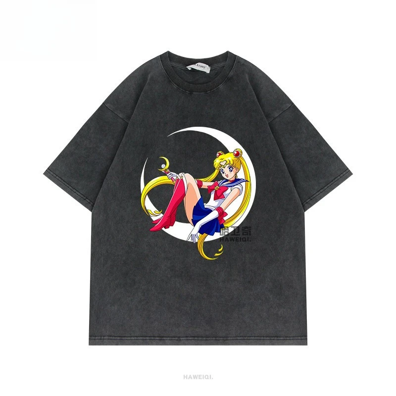 

Новая футболка в стиле Сейлор Мун — оверсайз, аниме, американский ретро-стиль, с эффектом потертости, из чистого хлопка, с коротким рукавом, свободный крой