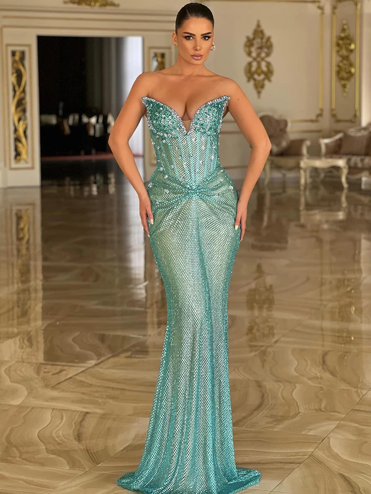 VC Gala Dream Mint Green Mesh Strapless V Neck Gown with Sequins & Diamonds for Party Gala Dress