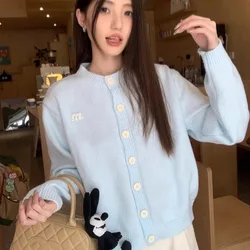 Women Clothing Sweet Fashion Solid Knit Cardigan Spring Autumn Casual Loose Blue Thin Sweaters Office Lady All-match Button Tops