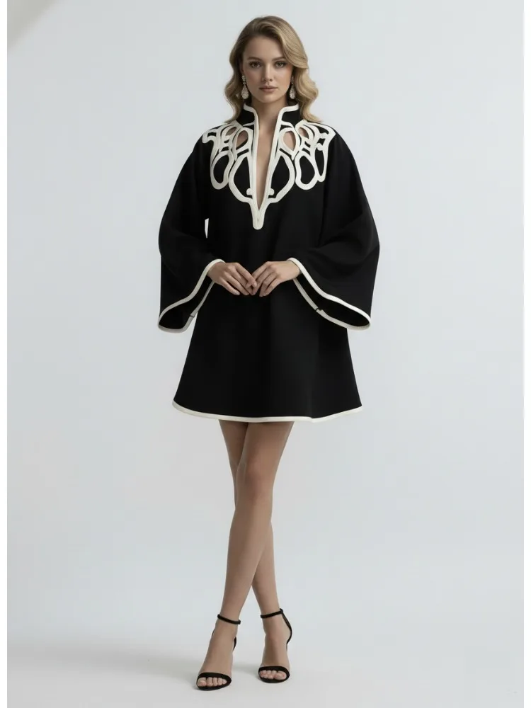 Onecozyday Women's Black White Contrast Cutout Stand Collar Bell Sleeve Loose Fit Mini Dress 2026 Fashion Avant-Garde Art Dress