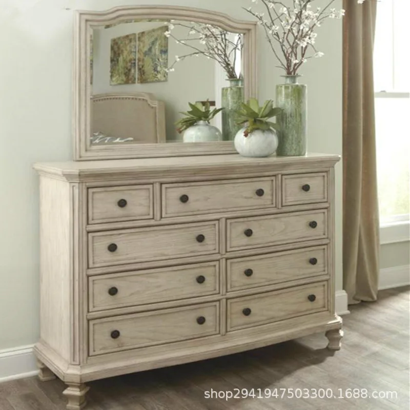 

Dresser bedroom retro white old mirror makeup table nine buckets storage side cabinet