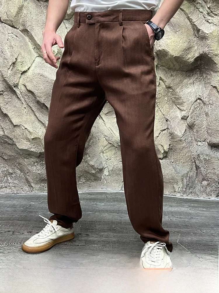 

Высококачественные льняные мужские летние повседневные брюки Cool Sensation Twill, прямые брюки, модные городские брюки со средней талией на молнии