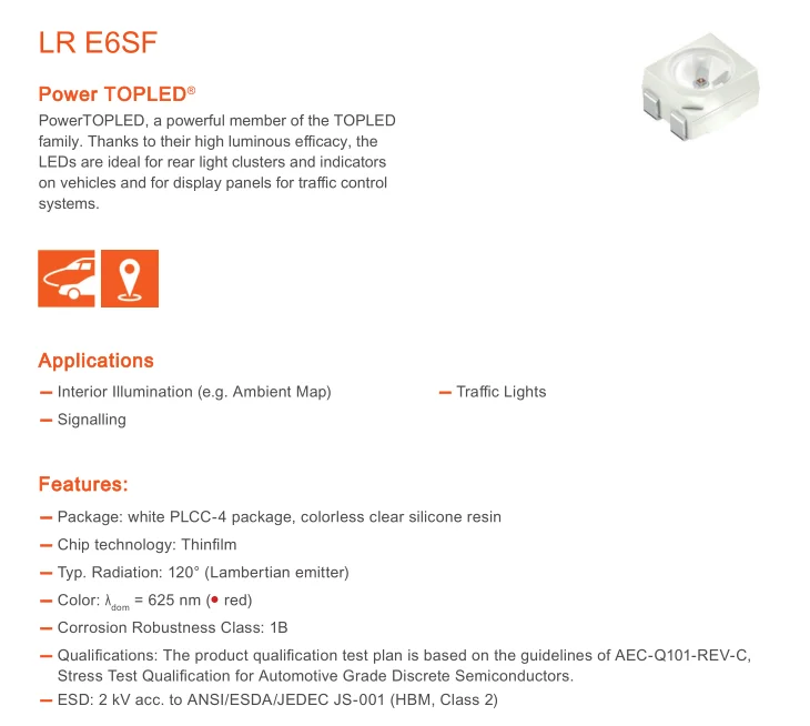 10 Stück LR E6SF-AABB-1-1-Z 3528 ROTE SMD-LED PLCC-4 Gemeinsame Kathode 625 nm 2,05 V 50 mA 2475 mcd LR E6SF LRE6SF – Detail 1