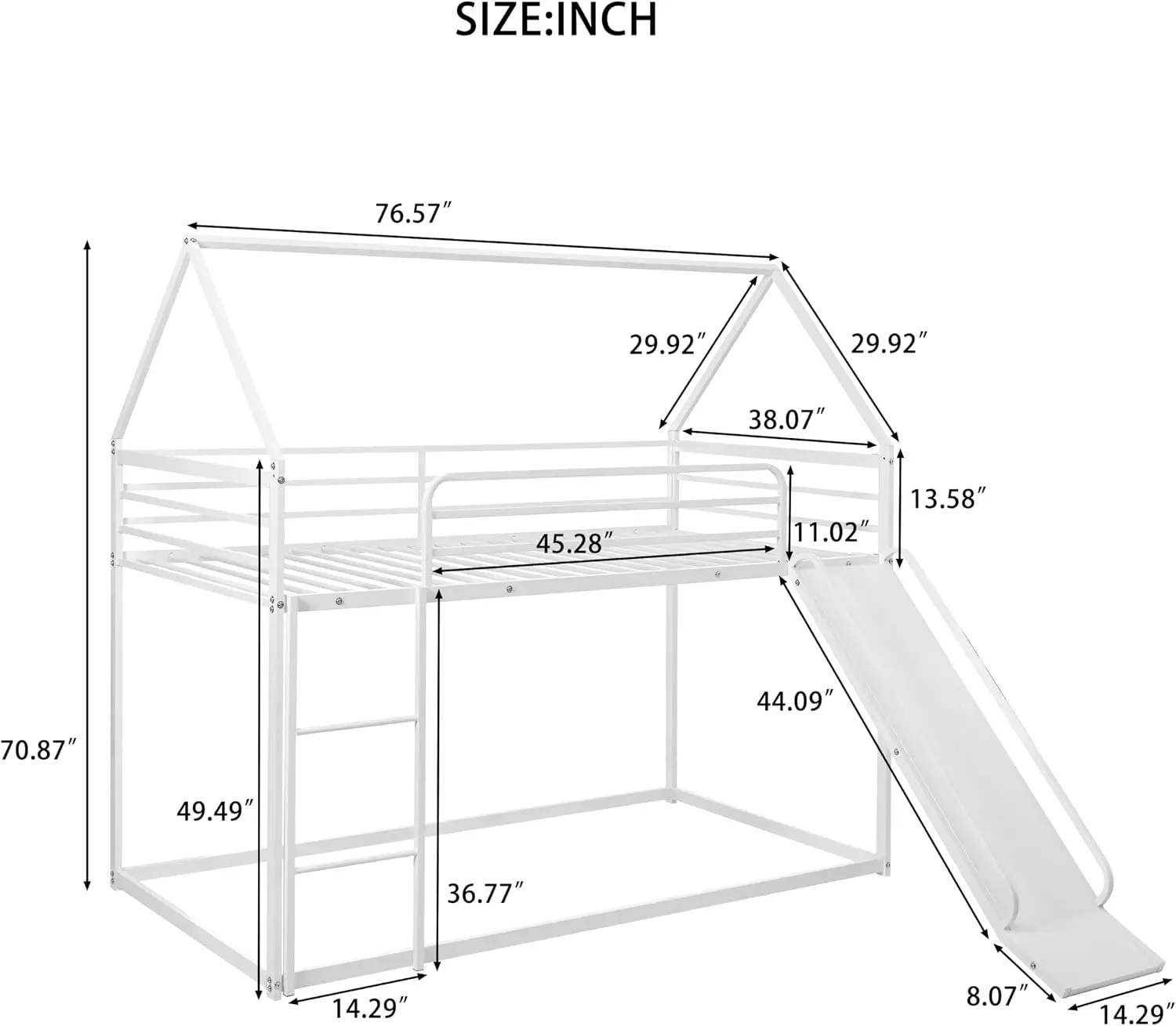 Twin Over Twin Metal Floor Bunk Bed with Slide,Metal Junior House Twin Size House Bunk Bed Frame with Ladder & Roof for Boy Girl