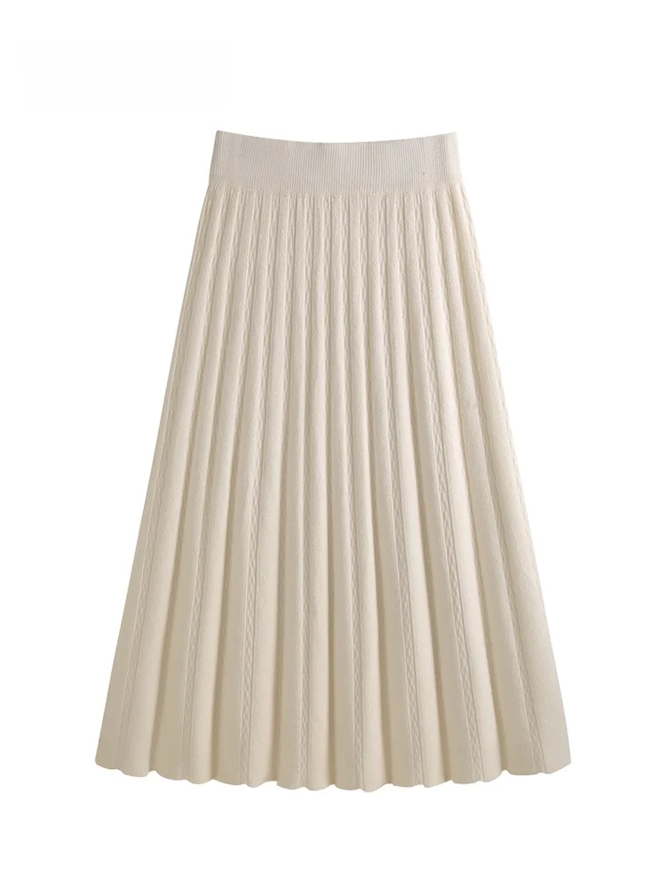 

JZZDEMM Вязаная юбка А-силуэта с высокой талией, женская юбка средней длины ниже колена, с вертикальными полосками и широкой эластичной резинкой на талии