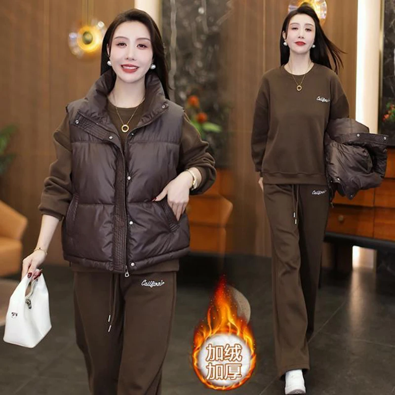 

Fashion three piece set winter 2025 stand up collar vest with thick velvet round neck pullover casual straight leg pants