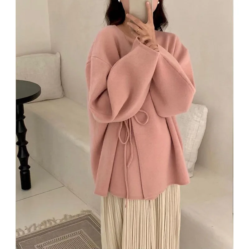 High quality and temperament sweater cardigan women clothing 2023 autumn/winter diagonal placket tied knit cardigan female