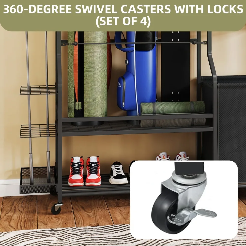 Heavy Duty Steel Rolling Sports Equipment Organizer Rack Garage Golf Bag Storage