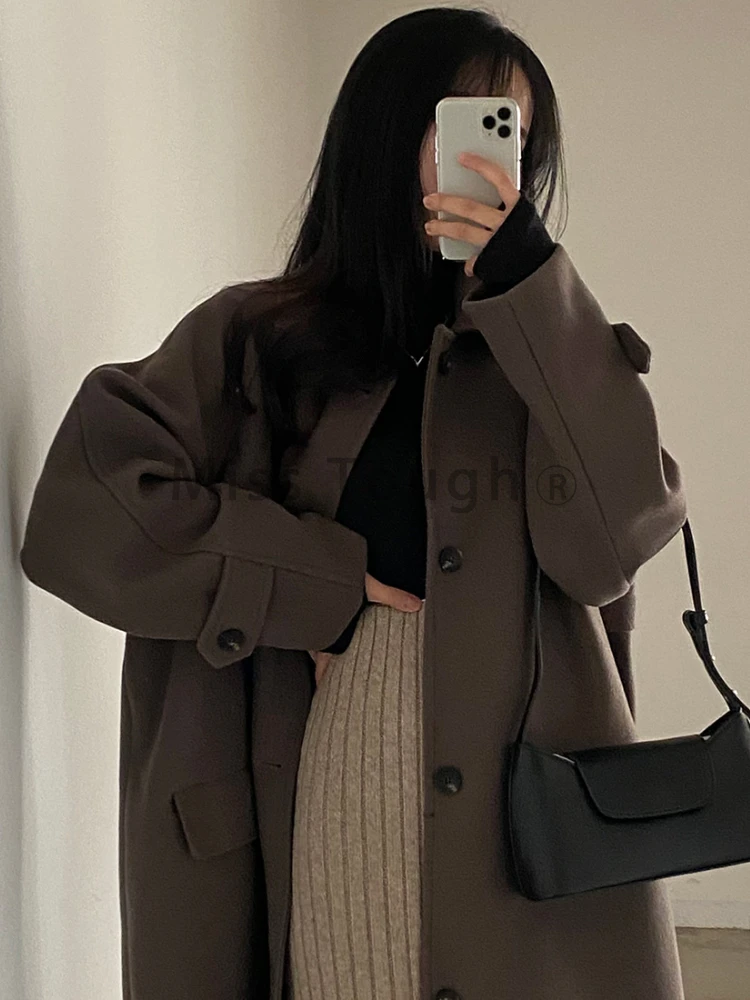 Korea Chic Vintage Solid Long Coat Women Hepburn Style Single Breasted Loose Midi Woolen Coat High Street Casual Clothes Winter