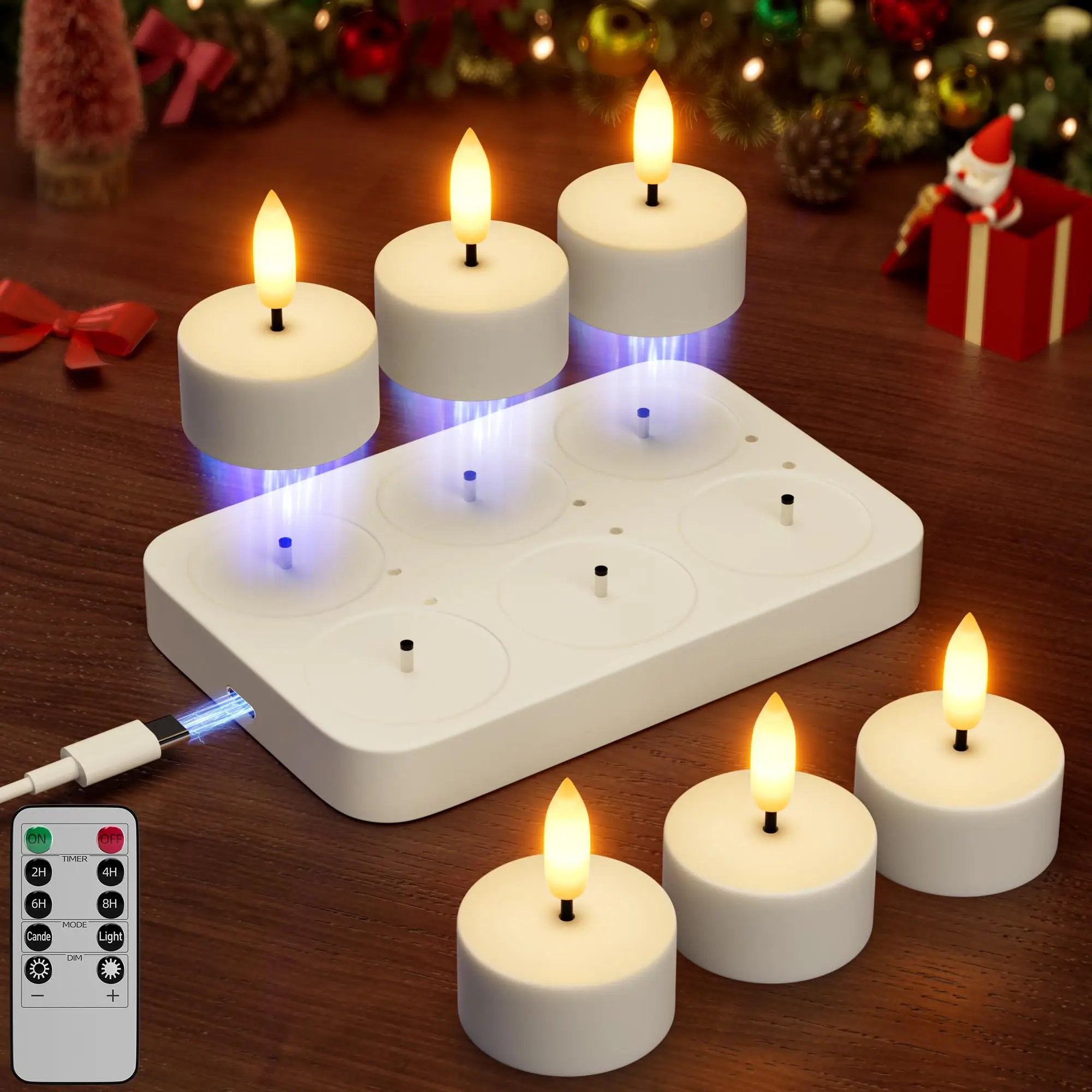 Set of 6 Rechargeable Flameless Tea Lights with Remote and Timer LED Votive Candles for Christmas Halloween Table Decor