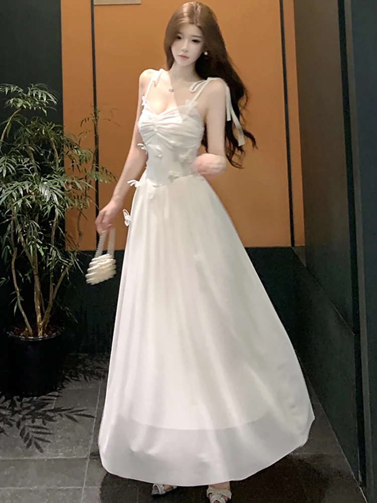 ชุดเดรสผ้าตาข่ายสีขาว แต่งโบว์เก๋ เซ็กซี่ สำหรับผู้หญิง ฤดูร้อน หรูหรา สง่างาม เหมาะสำหรับงานเต้นรำ ปาร์ตี้ ปี 2025 สไตล์เกาหลี วินเทจ ทรงเข้ารูป ชุดราตรี