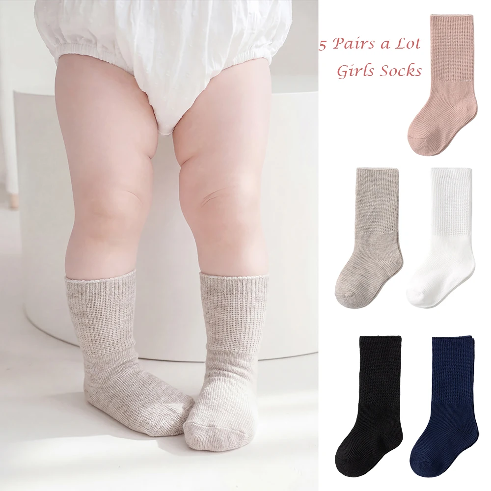 5 Pairs a Lot Autumn Baby Socks 0-3T Solid Color Socks for Newborns Versatile Toddler Non-slip Socks Infant Knee-high Socks