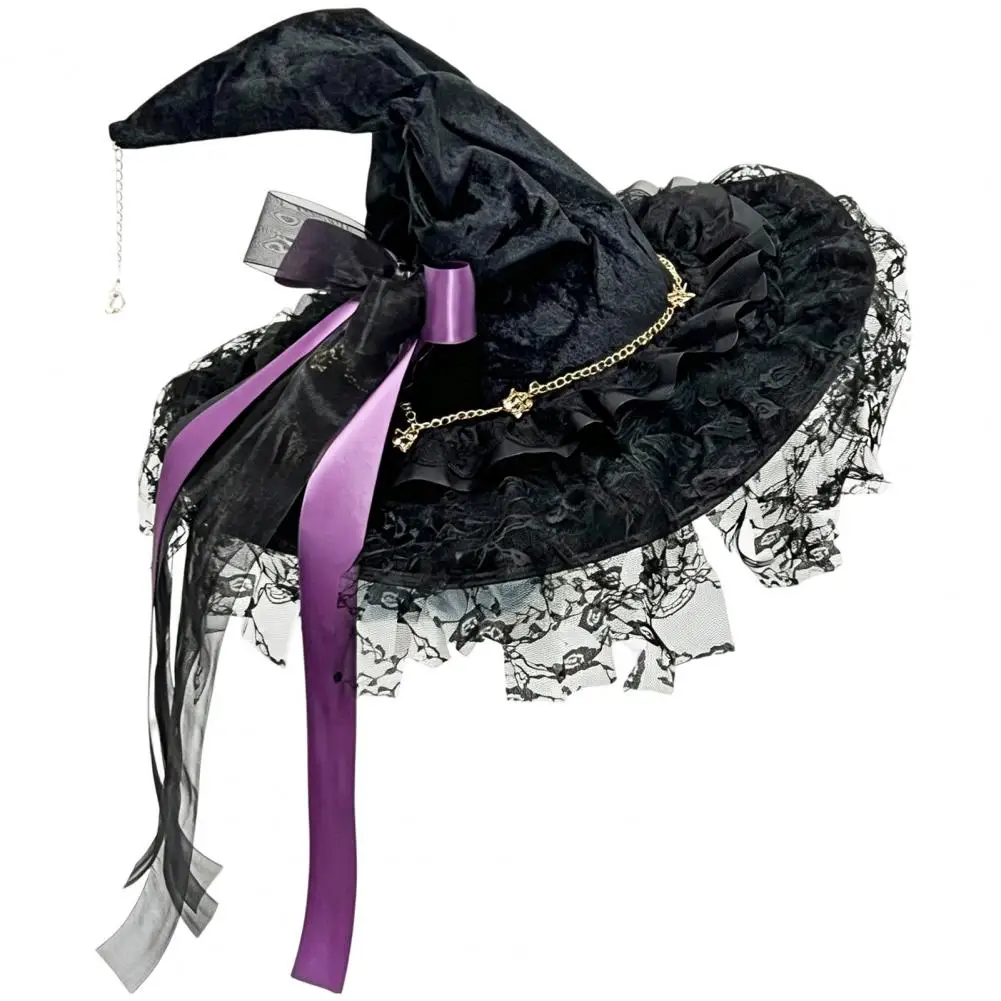 Halloween Theme Ornaments Witch Hat for Women Halloween Costume Lace Mesh Hat with Ribbon Bow Black Veil for Cosplay for Party