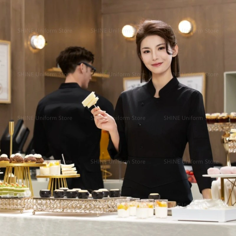 Uniforme de Chef para hombre, chaqueta de Chef con delantal, abrigo de cocinero de restaurante de manga larga, camiseta de Chef, uniforme de trabajo, ropa de Hotel de camarero con logotipo