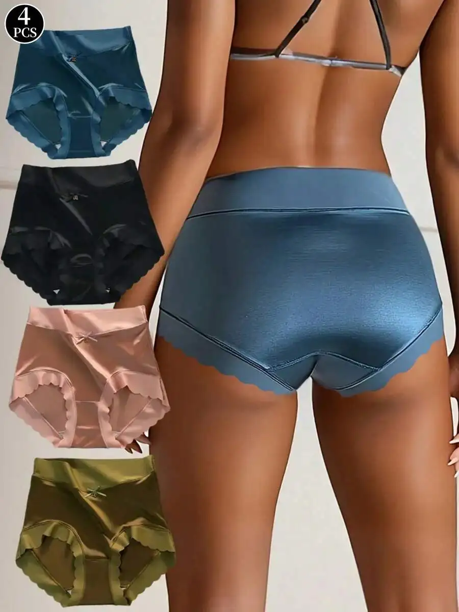 

4pcs Luxury Satin Women Seamless Mid-Waist Soft High Elastic Briefs