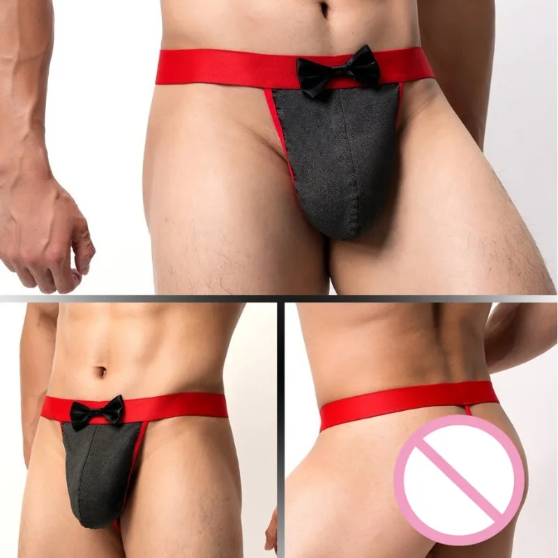 

Men's Sexy Low Waist Thong Tuxedo Bow Knot Underwear G-String Bikini Lingerie Club Party Waiters Male Jockstrap Pouch Briefs