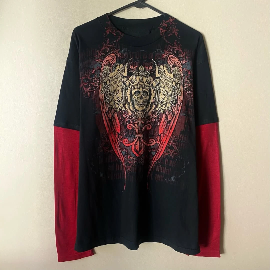 

Y2K New Hip Hop Black Red Long Sleeves Street Gothic Skull Print Oversized T-shirt Men Retro Harajuku Punk Loose Pure Cotton Top