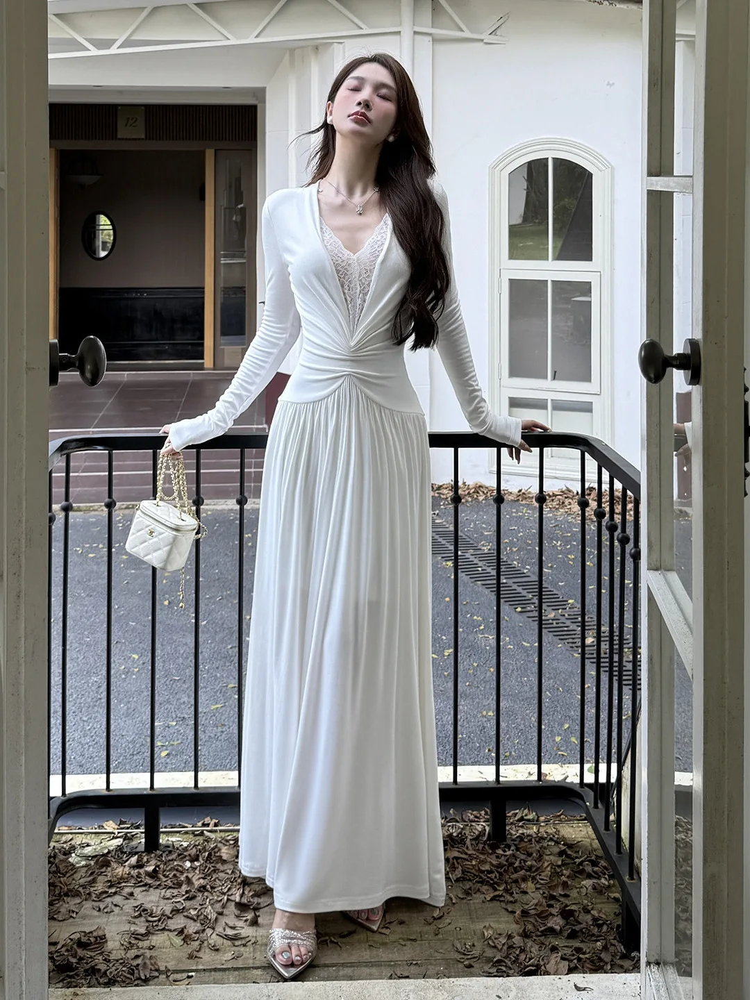 French Lace Panel Design Sheer White V-neck Dress Women's Elegant Slim-fit Ruched Long Dresses Autumn Party Evening Gown Robe