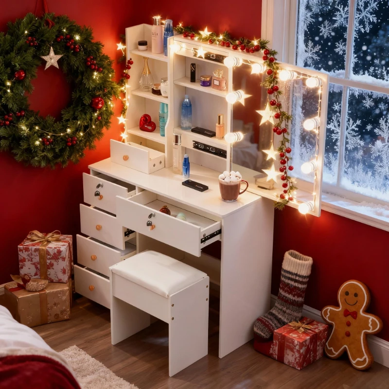 Black Friday sale, Dressing Table Makeup Desk with LED Lights Sliding Mirror Stool White Drawers Stool