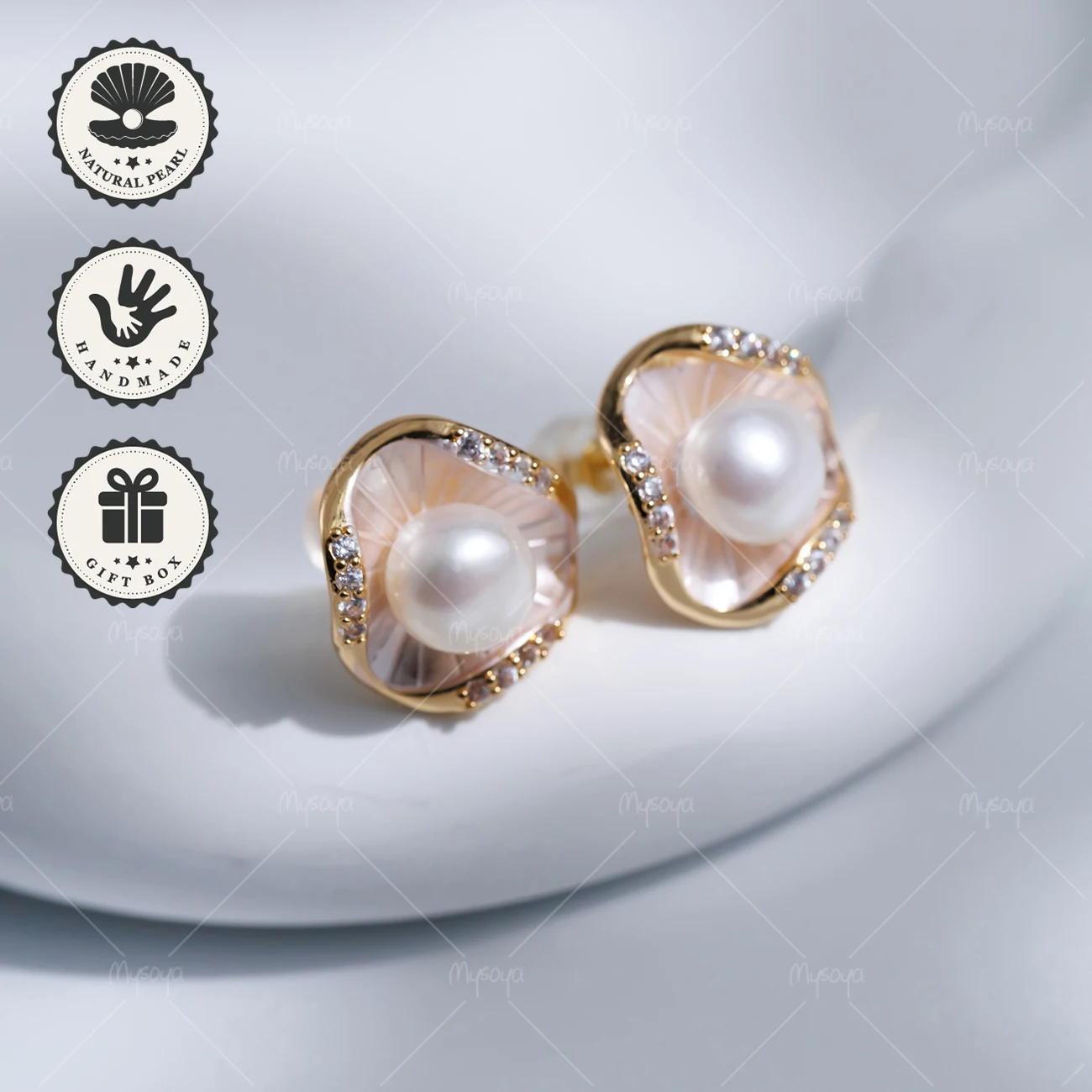 

MYSOYA 6-7mm White Freshwater Pearl Petal CZ Stud Earrings Golden With Gift Box Birthday Gift Valentine’s Day