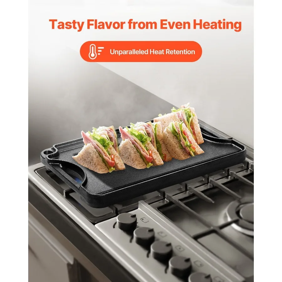 Chapa de grelha reversível de 14x8,5 polegadas pré-temperada para churrasco em ferro fundido preto