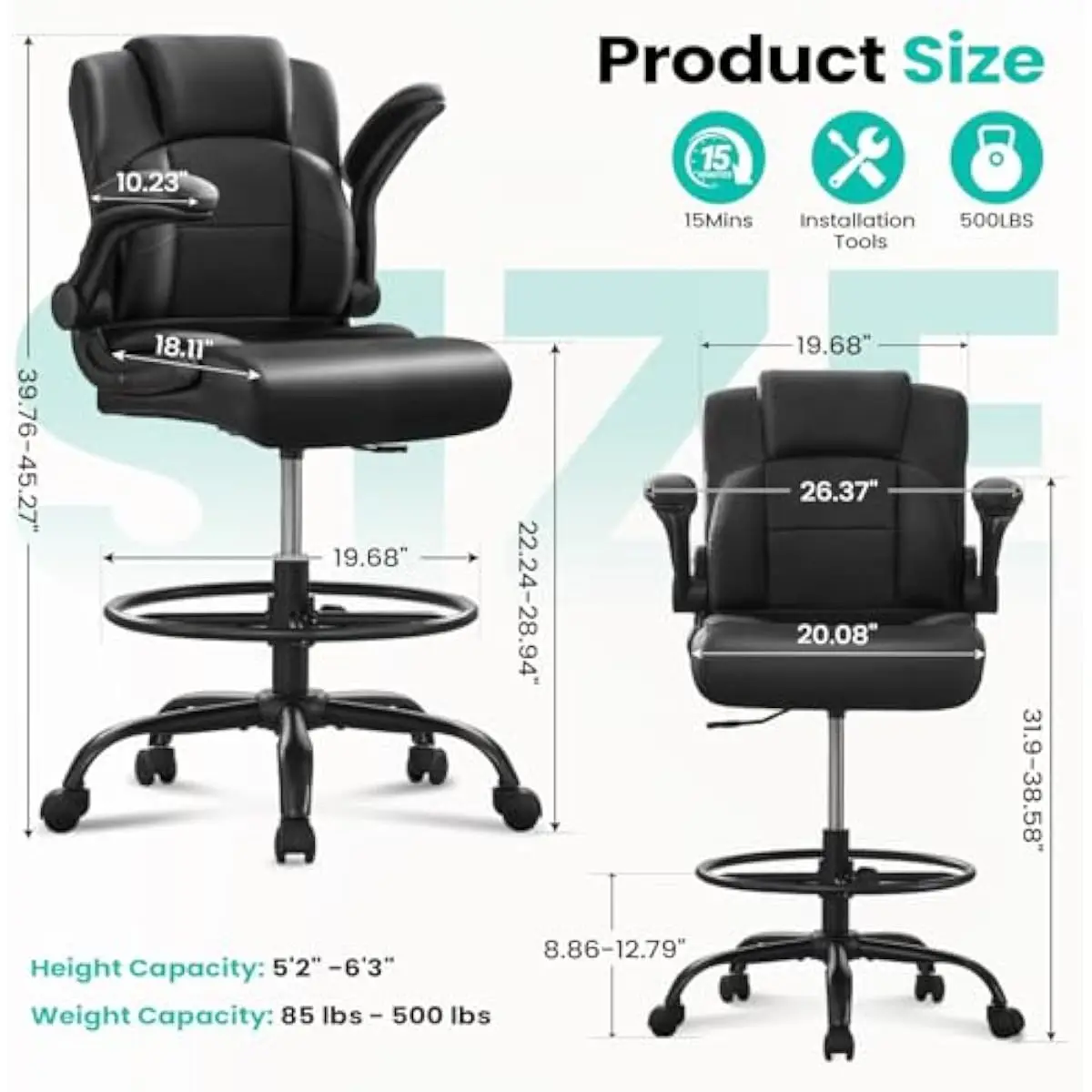 Ergonomic tall chair for standing desks with 500 lb capacity PU leather seat 20.08 inch width lumbar support 5.5 inch height adj