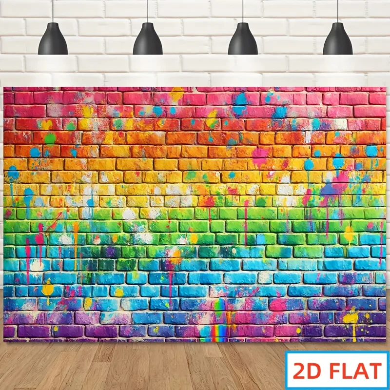 

2D flat banner, 1pc vibrant rainbow brick wall polyester background, ideal birthday party, outdoor celebration