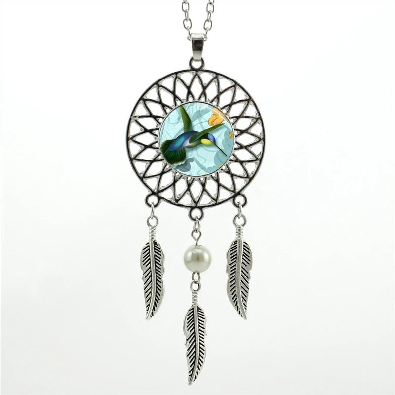 New Trendy Style Hummingbird Necklace Green and Blue Bird Jewelry Dream Catcher Pendant Necklace