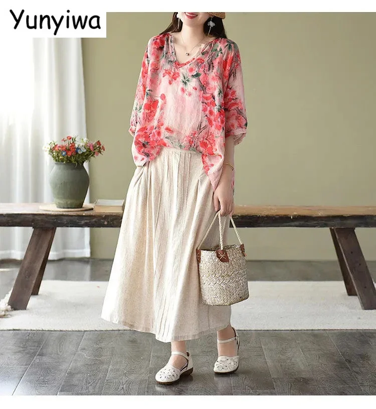 Summer Shirt Vintage Floral Print Tops Women v Neck Leisure Chic Loose Blouses Cotton Linen Thin Half Sleeve Shirts Lady Blusas