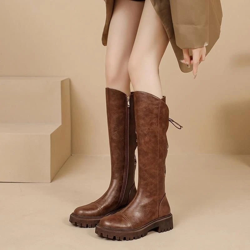 Brown Leather Platform Women's Long Boots New in Trend 2025 Footwear on Promotion Gothic Sale Y2k Ladies Knee High Shaft Shoes view 5