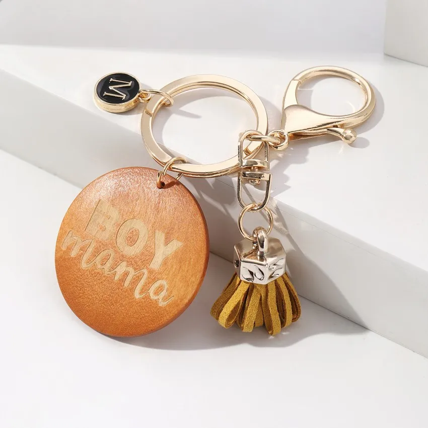 New DIY Handmade English Slogan BOYMAMA Wooden Tassel Keychain Simple And Versatile Pendant Wholesale