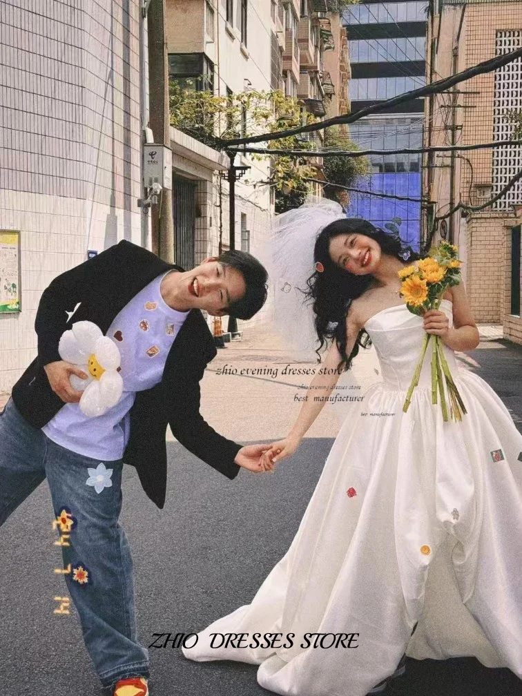 ZHIO ที่กําหนดเองเกาหลีชุดแต่งงาน A-Line ซาตินไม่สมมาตรรัดตัวจีบชุดเจ้าสาวถ่ายภาพชุดปาร์ตี้ชุด