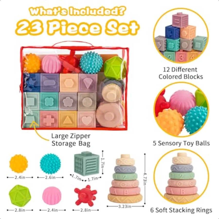 SpringFlower 3 in 1 Montori Toys for Babies 03612 Months Soft Baby Teething Stacking Building Blocks for Infants Sensory Develo