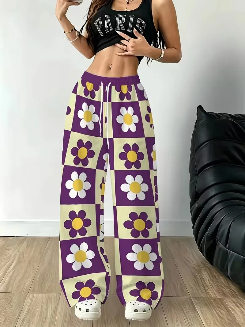 Ladies' autumn new sports loose drawstring pocket casual pants 3D floral pattern regular casual pants