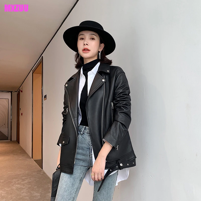 

Sheepskin Coat 2023 Women Autumn Korean Fashion Mid-length Loose Locomotive Zipper Leather Jacket Chaquetas De Cuero Para Mujer