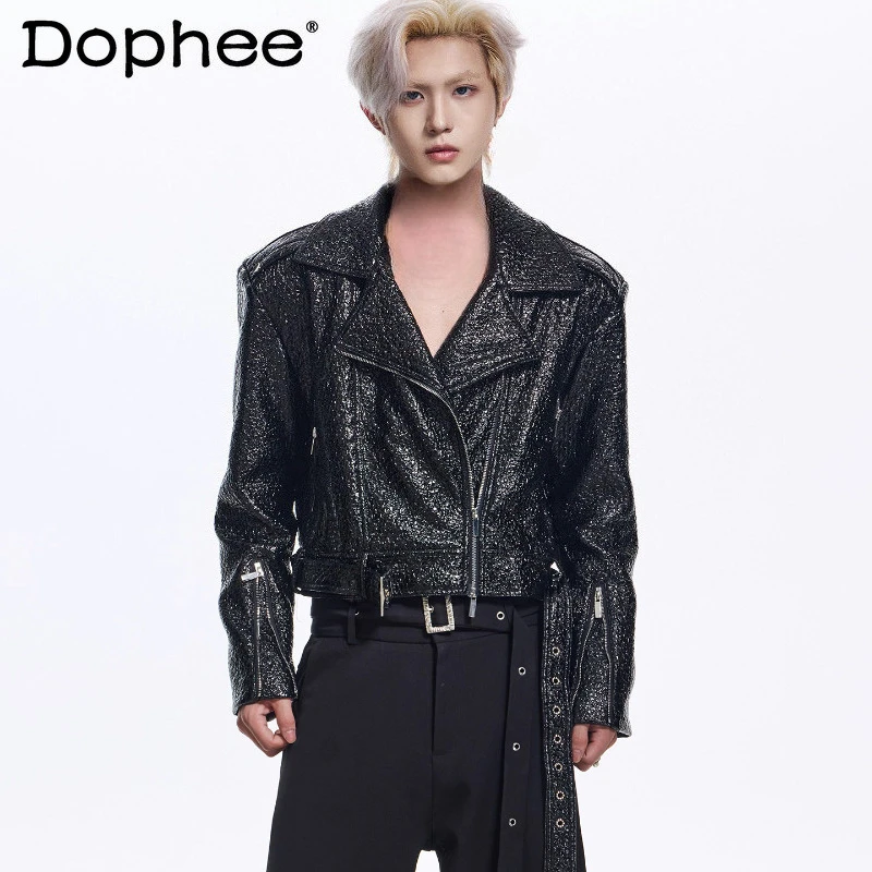 

Men's 2025 Autumn New High-End Leather Coats Masculinity Three-Dimensional Large Lapel Ribbon Short Style Faux Leather Jackets