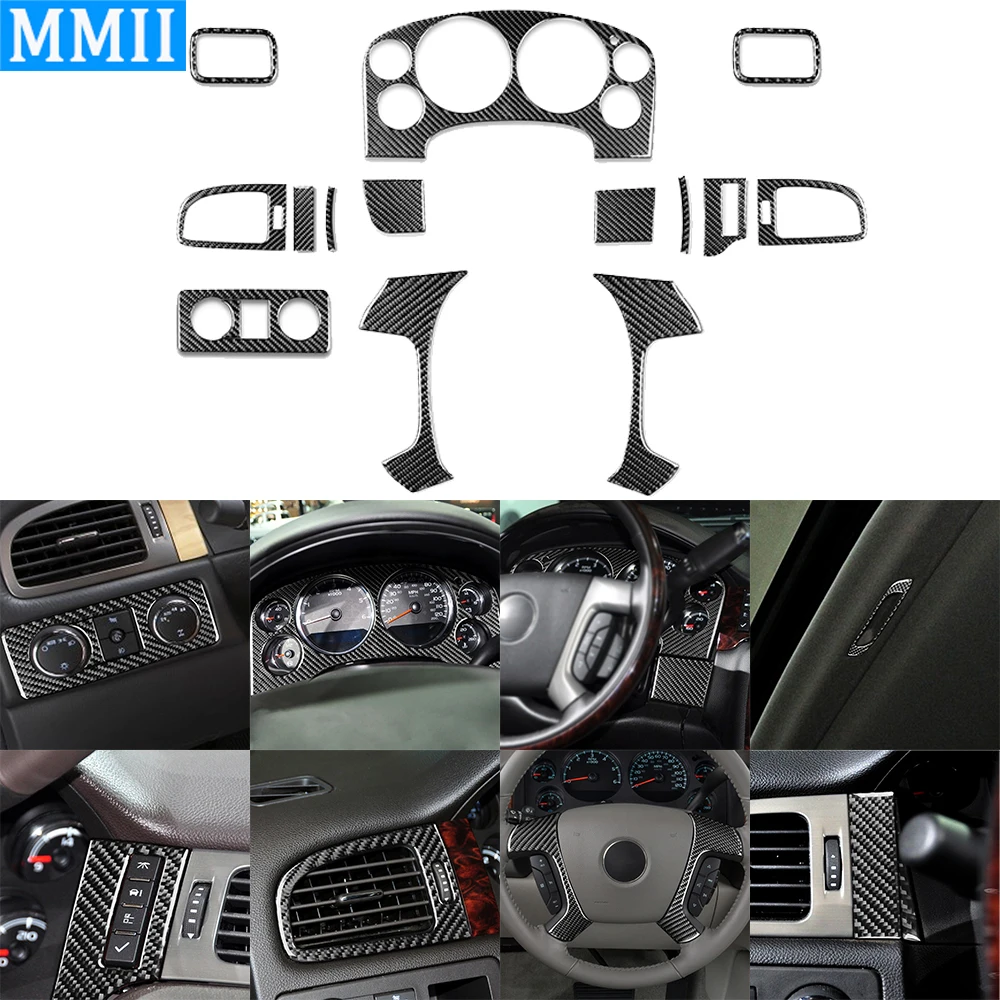 

14 Pcs Carbon Fiber Wheel Steering Suit Car Interior Sticker For Chevrolet Silverado Tahoe GMC Avalanche LTZ Sierra SLT 2007-14