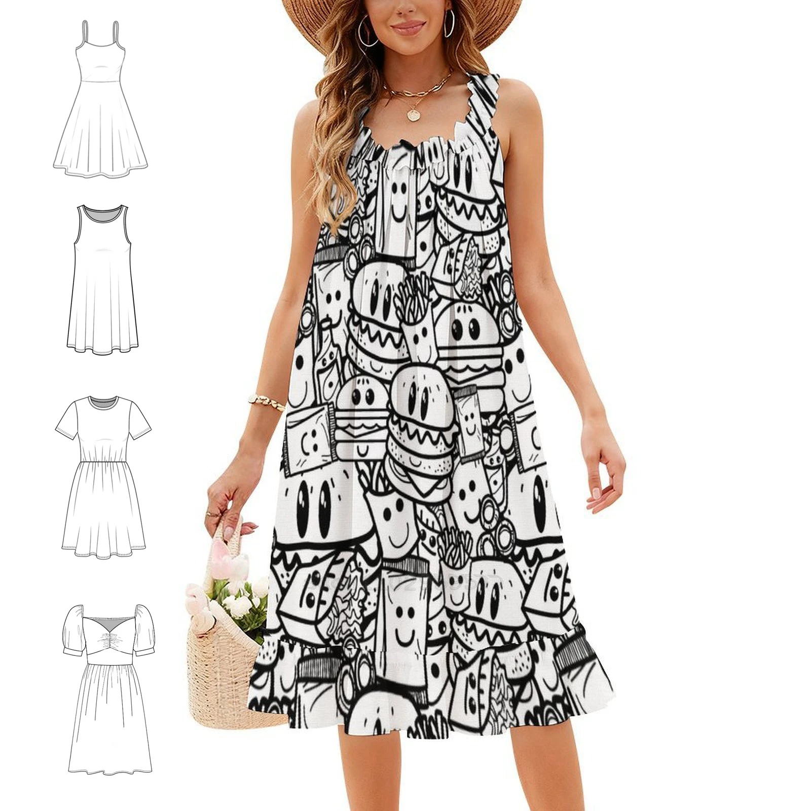 Cute Fast Food Sexy Vacation Dress For Women Beach Party Birthday Mini Dress Sketch Doodle Burger French Fries Woman Clothes