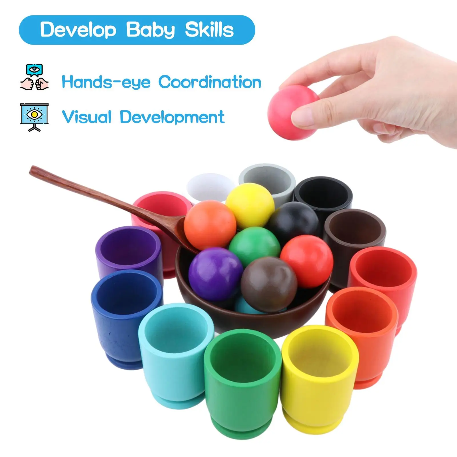 Toddlers Rainbow Balls in Cups Montessori Toy with 12 Rainbow Balls Color Classification for Children 1 Year Old + Preschool