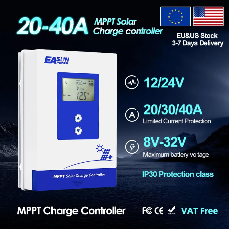 EASUN MPPT جهاز تحكم يعمل بالطاقة الشمسية 20A 40A 12 فولت 24 فولت بطارية 8 فولت 32 فولت إعداد شاحن الضوء الخلفي LCD منظم الطاقة الشمسية تسليم المستودعات الأمريكية