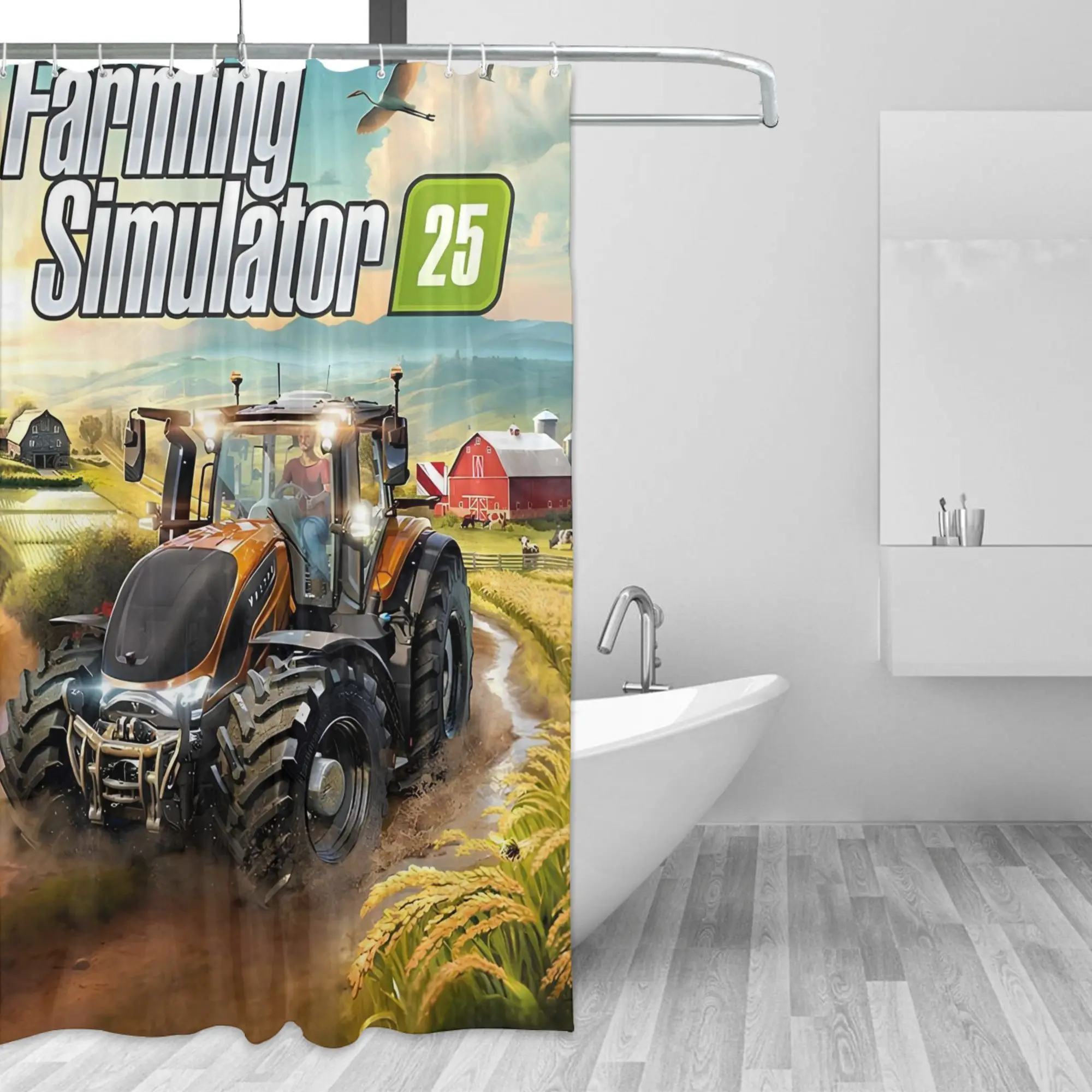 Farming Simulator 25 Shower Curtain Game Cover Art with Tractor and Countryside Scene for Gamer Gift Waterproof Fabric with