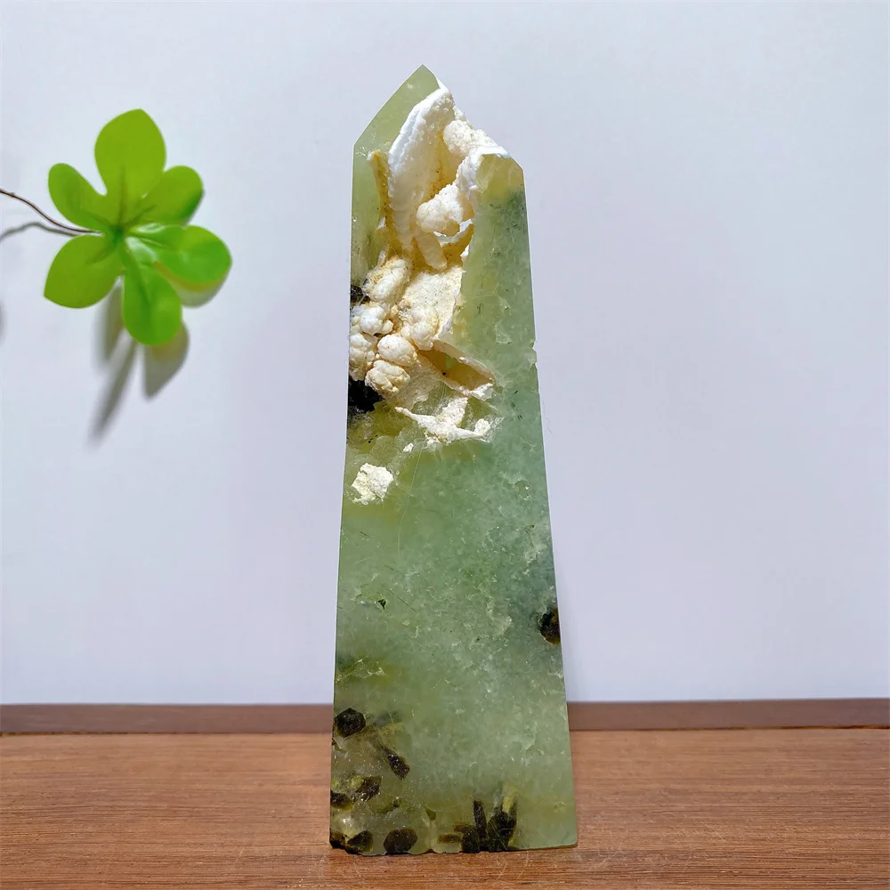 Natural Prehnite Quartz Rutilated Tower Raw Point Home Decor Green Quartz Crystal Stone Obelisk Wand FengShui Gift Healing Stone