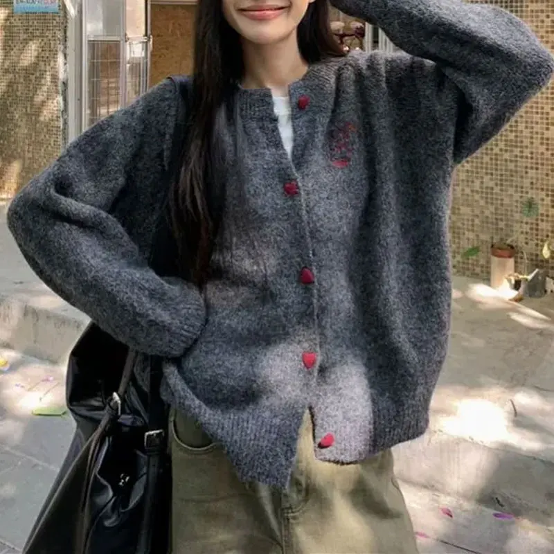 Women's Clothing Stylish Embroidery Cardigan Knitted Casual O-neck Autumn Winter Korean Heart-shaped Single-breasted Sweaters