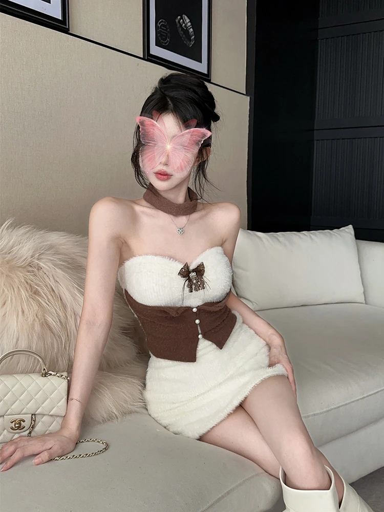 REDDACHiC خمر التباين فستان منسوج مع المختنق فروي القوس بروش مشد Bodycon فستان أنبوبي صغير Cutecore الشتاء ملابس حريمي #2