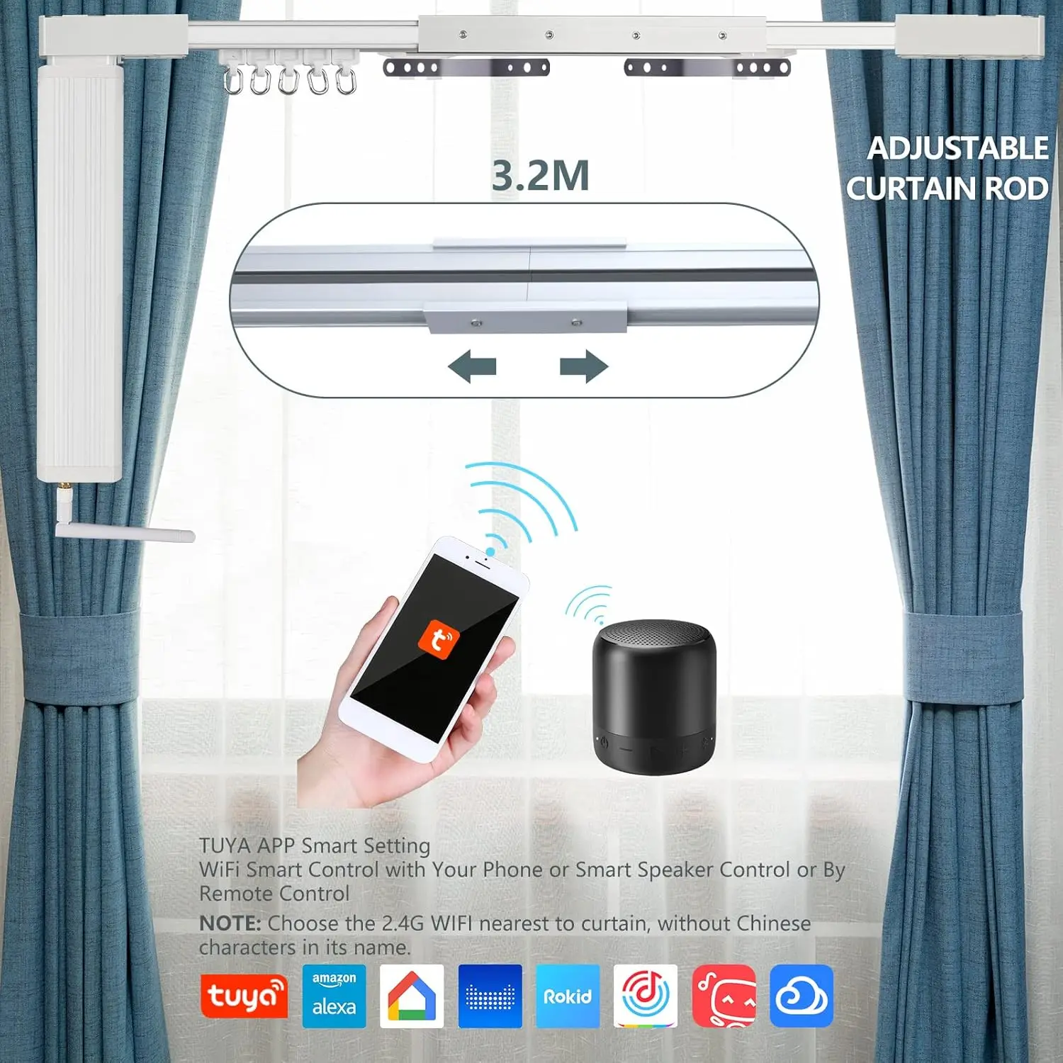 Smart Curtain Tracks WiFi Control by Phone, Support Voice Control with Alexa, Google Home, Tuya App Remote Automated Curtain