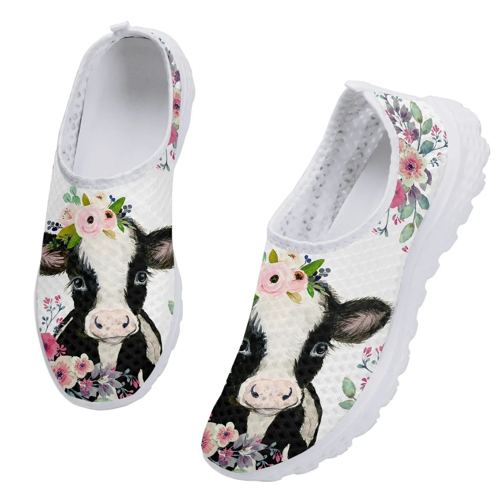 Chaussures de marche plates légères à imprimé animal pour dames, chaussures en maille respirante, vache à lait de dessin animé, imprimé hibiscus, été