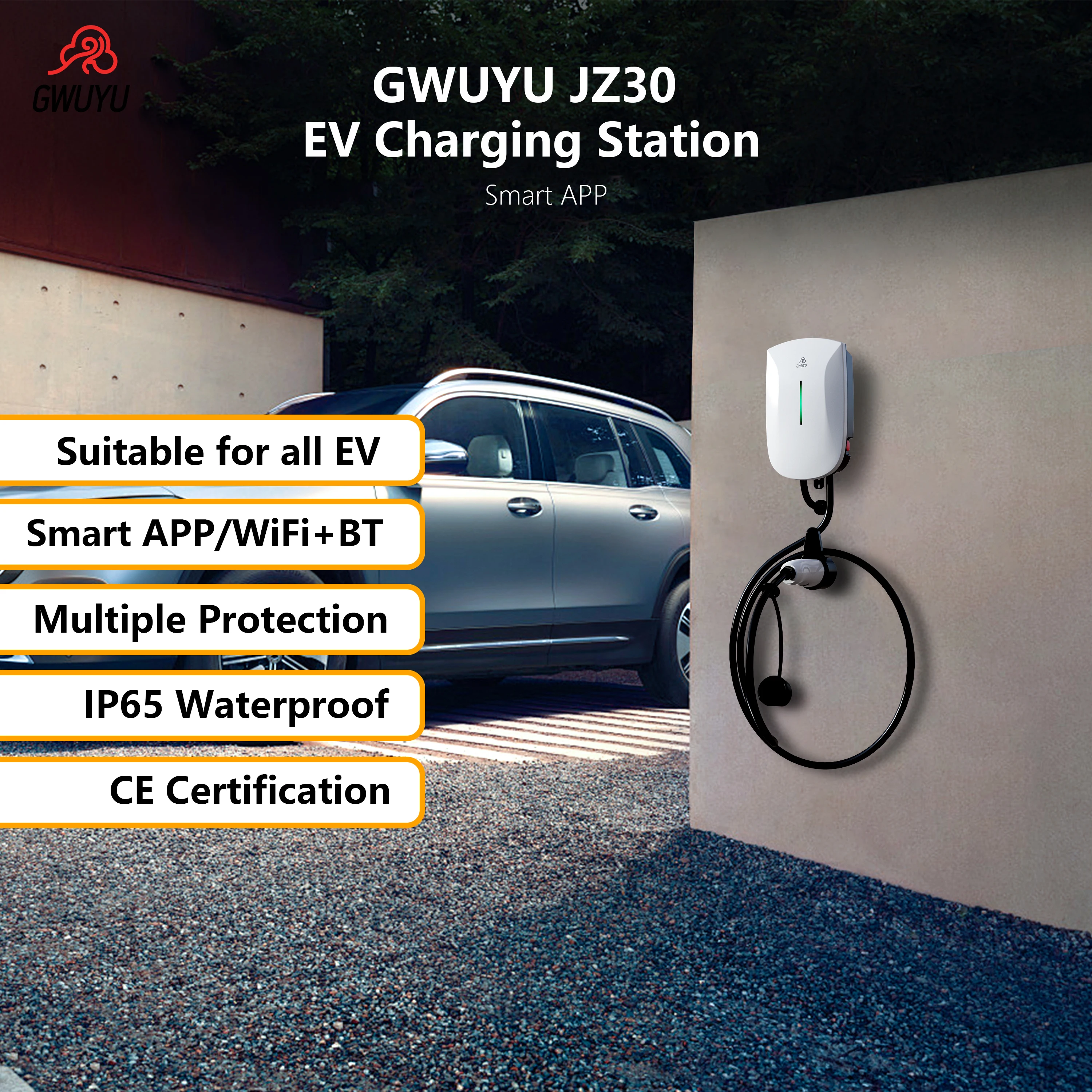 GWUYU JZ30 EV 충전기 스테이션, 타입 Type 2, 22KW, 11KW, 32A, 3 상 앱, 와이파이 RFID 카드, 5M 월박스, 전기 자동차 고속 충전기, 220V