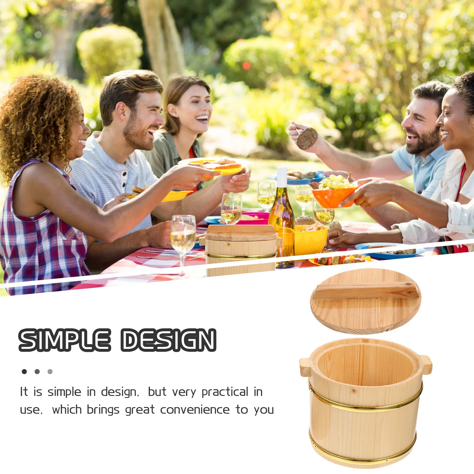 1Set Wooden Rice Bucket Round Design Large Opening Sushi Rice Container Mixing Tub Restaurant Serving Bowl Sushi Display Holder