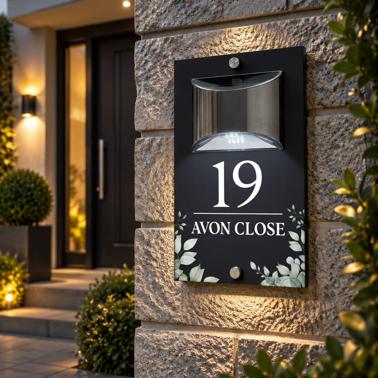 Personalized Solar Illuminated House Number Sign Modern  Address Plaque with Green Garden Corner Design Outdoor Door Plate