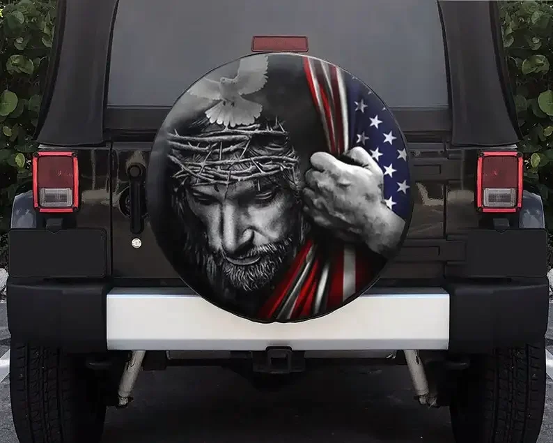 Jesus, Faith over fear Spare Tire Cover for , God Jesus Christ Proud USA Flag Spare Tire cover, Backup Camera or Not, Car Ac